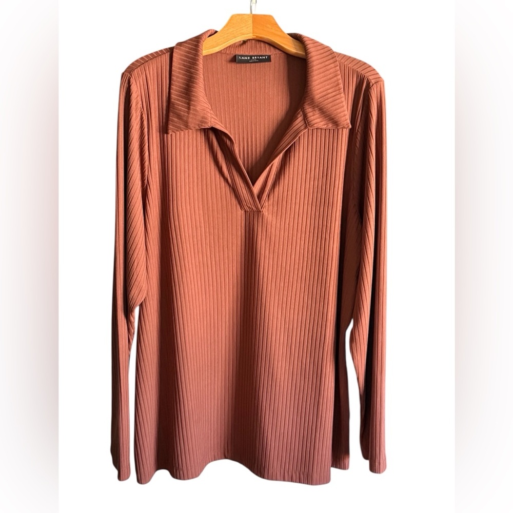 Lane Bryant Brown V-Neck Ribbed L/S Polo Size 22/24
